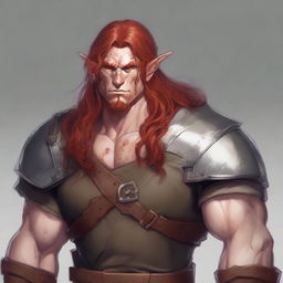 A half-elf barbarian artificer with long red hair and freckles