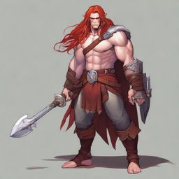 A half-elf barbarian artificer with long red hair and freckles