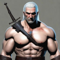 Create an aasimar that closely resembles a human with an athletic and muscular body, dressed in the same clothes as Geralt of Rivia from the series The Witcher