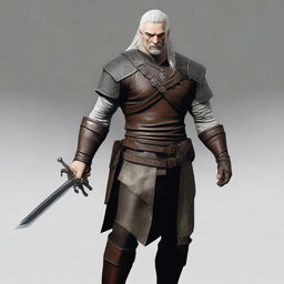 Create an aasimar that closely resembles a human with an athletic and muscular body, dressed in the same clothes as Geralt of Rivia from the series The Witcher