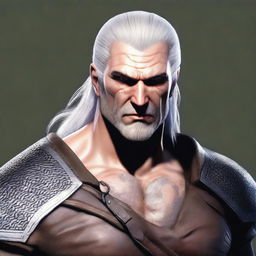 Create an aasimar that closely resembles a human with an athletic and muscular body, dressed in the same clothes as Geralt of Rivia from the series The Witcher