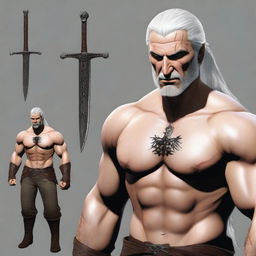 Create an aasimar that closely resembles a human with an athletic and muscular body, dressed in the same clothes as Geralt of Rivia from the series The Witcher