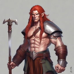 A half-elf barbarian artificer with long red hair and freckles