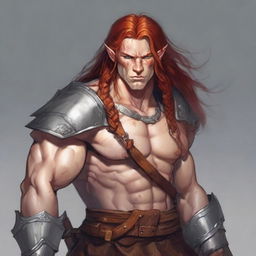 A half-elf barbarian artificer with long red hair and freckles