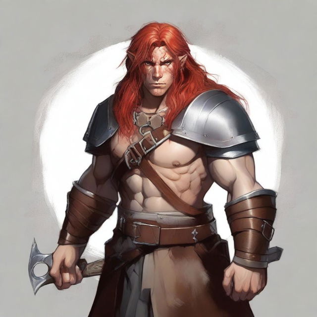 A half-elf barbarian artificer with long red hair and freckles