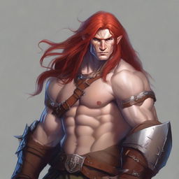 A half-elf barbarian artificer with long red hair and freckles