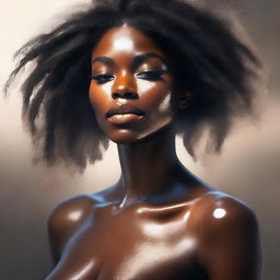 A sensual and artistic depiction of a Black woman with wet hair and glistening skin