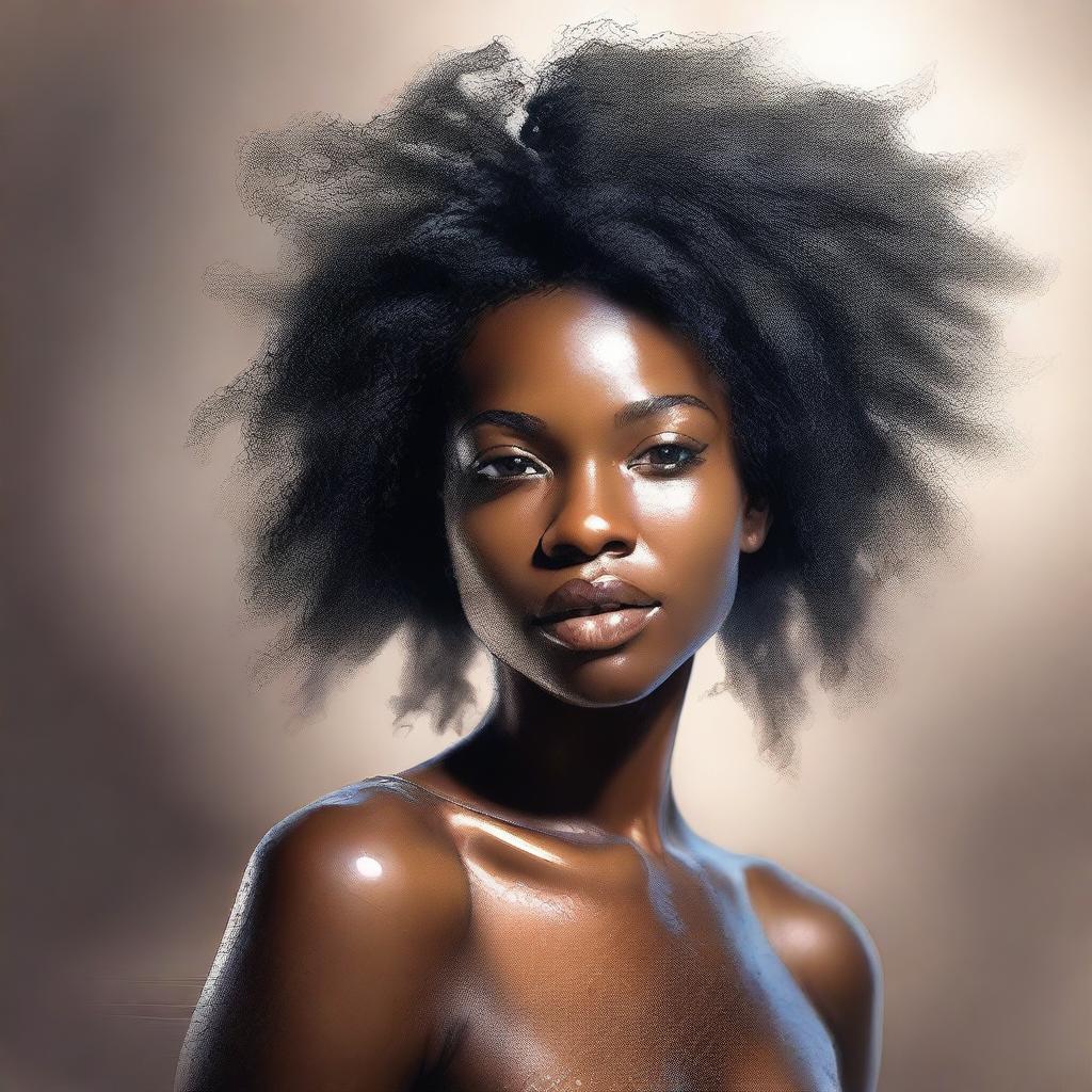 A sensual and artistic depiction of a Black woman with wet hair and glistening skin