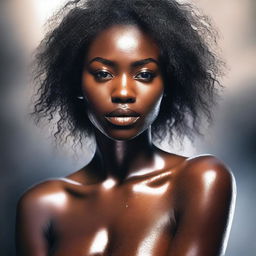 A sensual and artistic depiction of a Black woman with wet hair and glistening skin