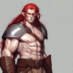 An androgynous half-elf barbarian artificer with long red hair and freckles