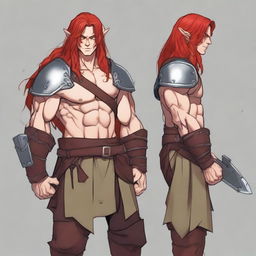 An androgynous half-elf barbarian artificer with long red hair and freckles