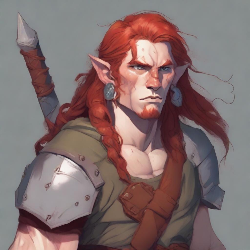 An androgynous half-elf barbarian artificer with long red hair and freckles