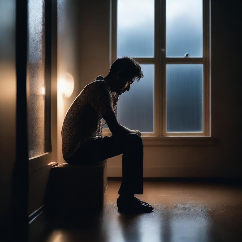 A man suffering from anxiety and depression, sitting alone in a dimly lit room at night