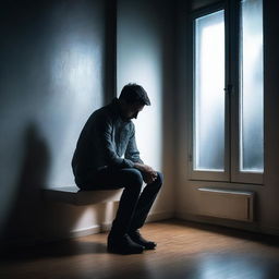 A man suffering from anxiety and depression, sitting alone in a dimly lit room at night