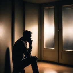 A man suffering from anxiety and depression, sitting alone in a dimly lit room at night