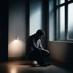 A man suffering from anxiety and depression, sitting alone in a dimly lit room at night