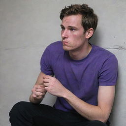 A 25-year-old man donning a purple t-shirt and black pants, sits secretively behind a wall, a cigarette lit in his hand. An unusual red rash contrasts starkly against his complexion.