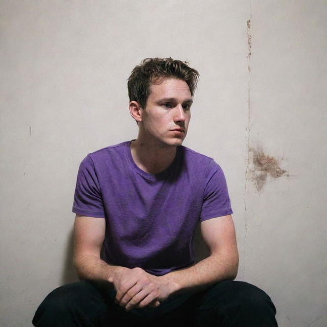 A 25-year-old man donning a purple t-shirt and black pants, sits secretively behind a wall, a cigarette lit in his hand. An unusual red rash contrasts starkly against his complexion.