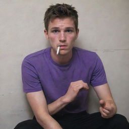 A 25-year-old man donning a purple t-shirt and black pants, sits secretively behind a wall, a cigarette lit in his hand. An unusual red rash contrasts starkly against his complexion.