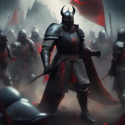 A large knight in black armor with horns on his helmet, surrounded by a retinue of red knights