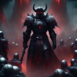 A large demonic knight in black armor with horns on his helmet, surrounded by a retinue of red knights