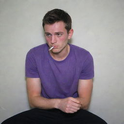 A 25-year-old man donning a purple t-shirt and black pants, sits secretively behind a wall, a cigarette lit in his hand. An unusual red rash contrasts starkly against his complexion.