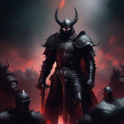 A large demonic knight in black armor with horns on his helmet, surrounded by a retinue of red knights