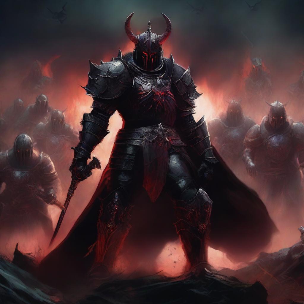 A large demonic knight in black armor with horns on his helmet, surrounded by a retinue of red knights