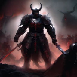 A large demonic knight in black armor with horns on his helmet, surrounded by a retinue of red knights