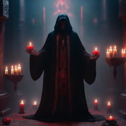 A large demonic mage in black robes with glowing red eyes, standing in an altar room