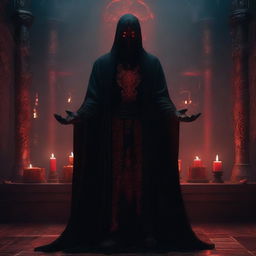 A large demonic mage in black robes with glowing red eyes, standing in an altar room