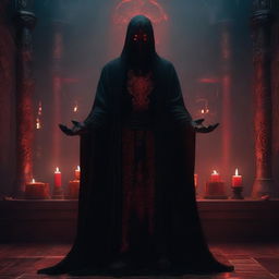 A large demonic mage in black robes with glowing red eyes, standing in an altar room