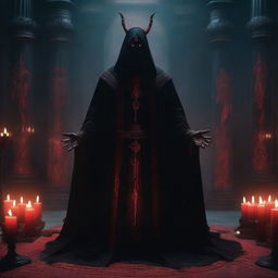 A large demonic mage in black robes with glowing red eyes, standing in an altar room