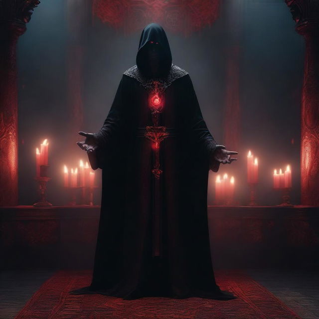 A large demonic mage in black robes with glowing red eyes, standing in an altar room