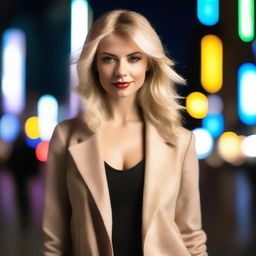 A blonde woman with a sexy appearance, wearing stylish and fashionable clothing