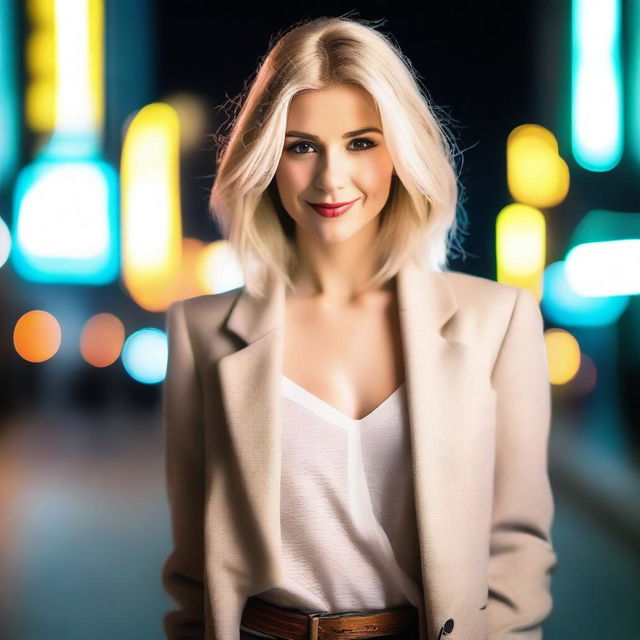 A blonde woman with a sexy appearance, wearing stylish and fashionable clothing