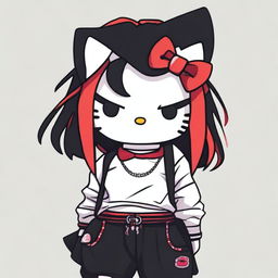 A Hello Kitty character wearing a black crop top and baggy black pants