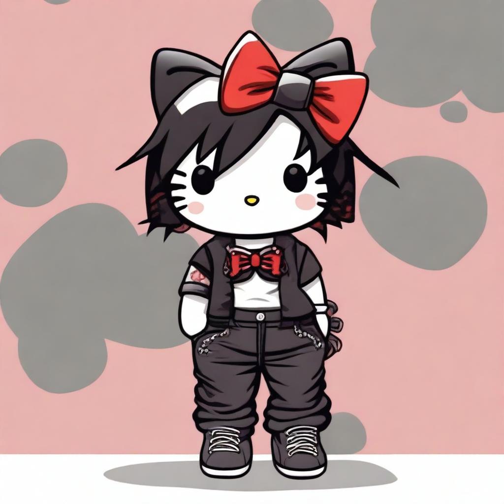 A Hello Kitty character wearing a black crop top and baggy black pants