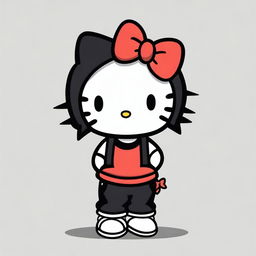 A Hello Kitty character wearing a black crop top and baggy black pants