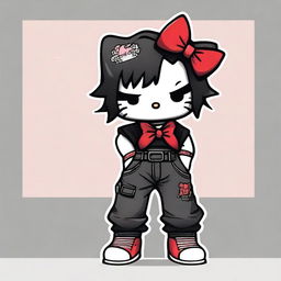 A Hello Kitty character wearing a black crop top and baggy black pants