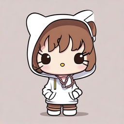 A Hello Kitty character wearing a white hoodie, with brown messy hair, light brown skin, and a necklace