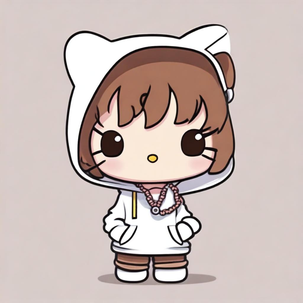 A Hello Kitty character wearing a white hoodie, with brown messy hair, light brown skin, and a necklace