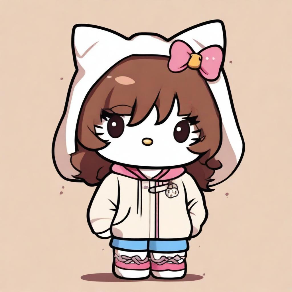 A Hello Kitty character wearing a white hoodie, with brown messy hair, light brown skin, and a necklace