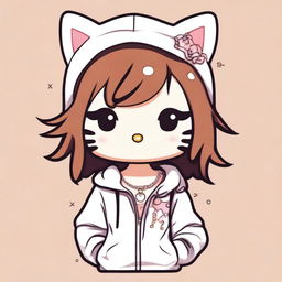 A Hello Kitty character wearing a white hoodie, with brown messy hair, light brown skin, and a necklace