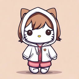 A Hello Kitty character wearing a white hoodie, with brown messy hair, light brown skin, and a necklace