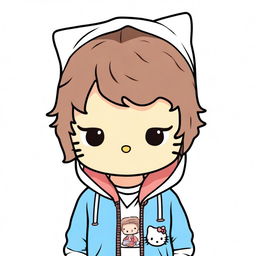 A boy Hello Kitty character wearing a white hoodie