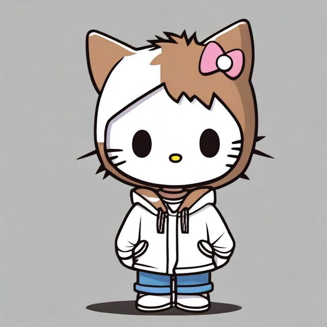 A boy Hello Kitty character wearing a white hoodie