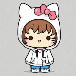 A boy Hello Kitty character wearing a white hoodie