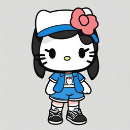 A Hello Kitty character wearing a black and blue cap, a white graphic shirt, black shorts, and black crocs