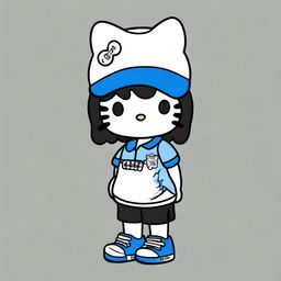 A Hello Kitty character wearing a black and blue cap, a white graphic shirt, black shorts, and black crocs